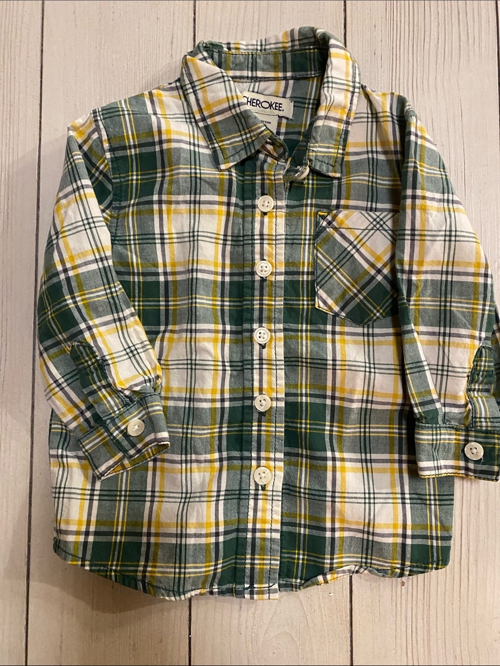 Cherokee Green, Yellow & White Plaid Button-Down Shirt